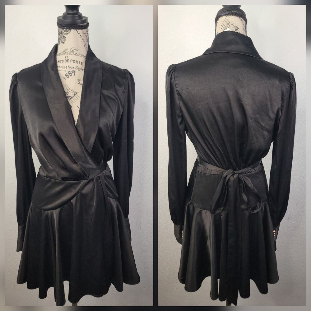 Max Mara Studio Wrap Mini Dress SZ 4 Babydoll Black Satin Long Sleeve Cocktail